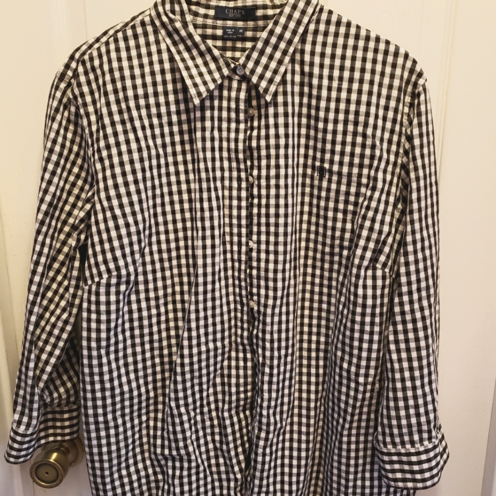 Chaps black and white plaid button down blouse